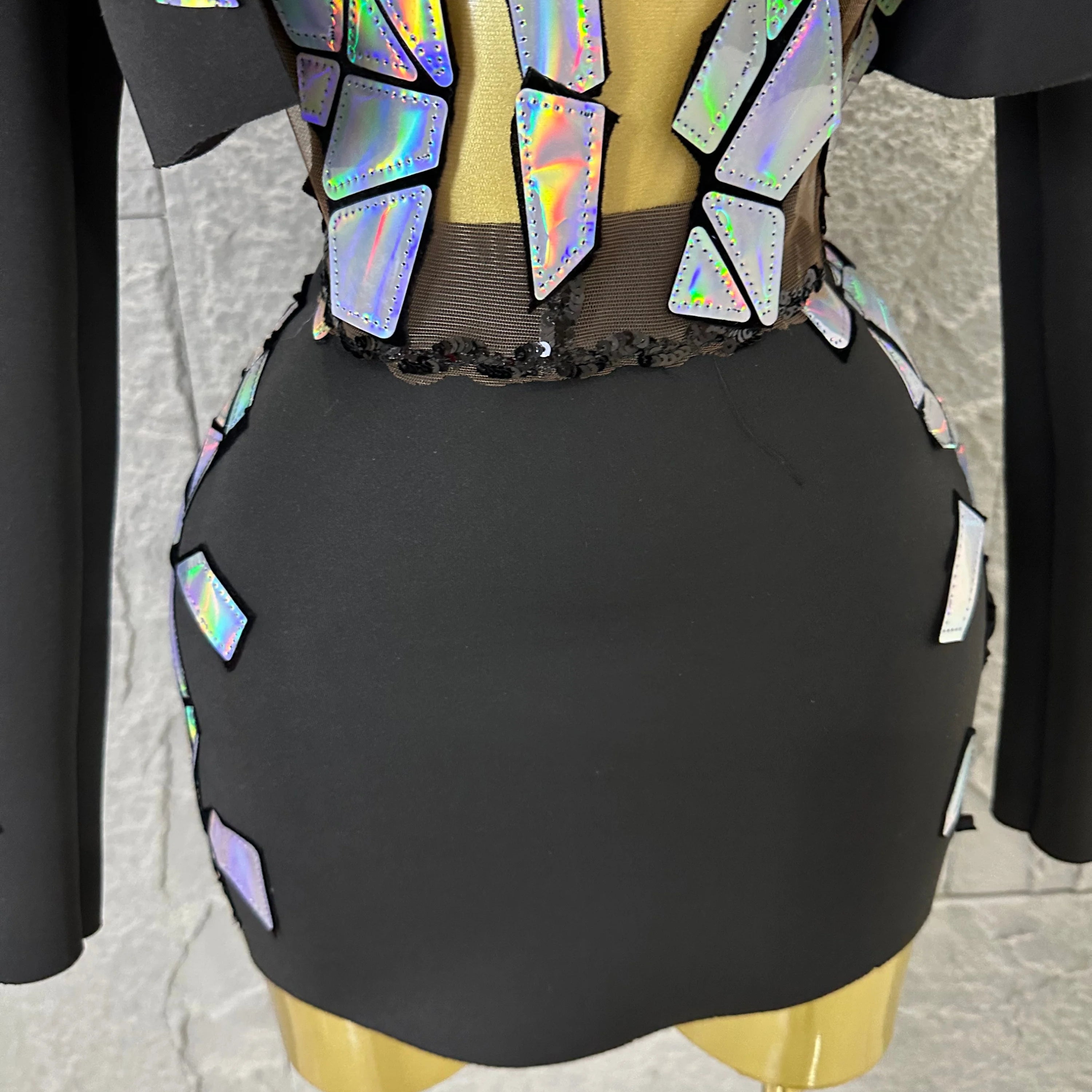 Edgy Black Luxury 3 Piece Set Women Mirror Reflective Patch Cropped Blazer Bralet Skirt Event Showmanship Performance Gown