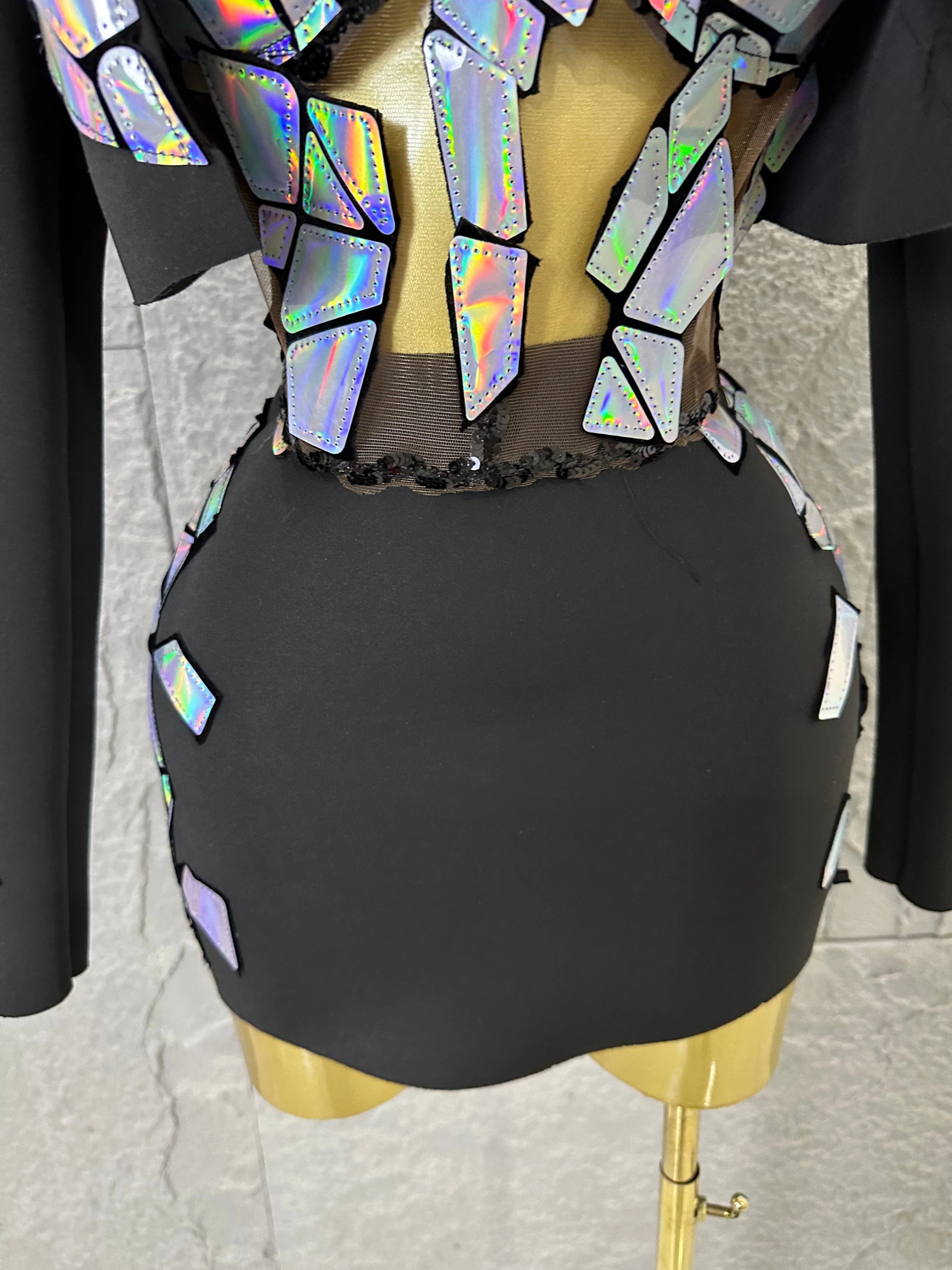 Edgy Black Luxury 3 Piece Set Women Mirror Reflective Patch Cropped Blazer Bralet Skirt Event Showmanship Performance Gown
