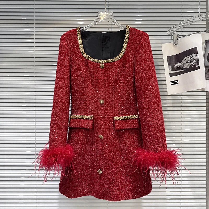 Winter New Fashion High-End Gold Rhinestone Beaded Edge Waist-Cinching Tweed Dress For Women Elegant Dresses 11A07688 Red