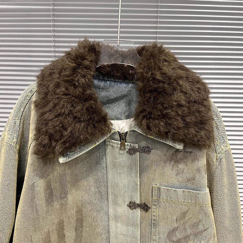 Autumn Winter New Casual Distressed Mid-Length Hook Large Fur Collar Dirty Look Denim Jacket For Women 11A07908