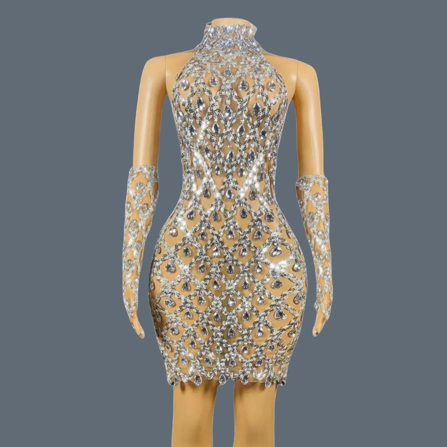 Sparkly Sequins Crystals Summer Mini Dress Sexy Sleeveless See Through Mesh Women Party Dress Event Singer Show Wear Shaokaojia silver with gloves One Size