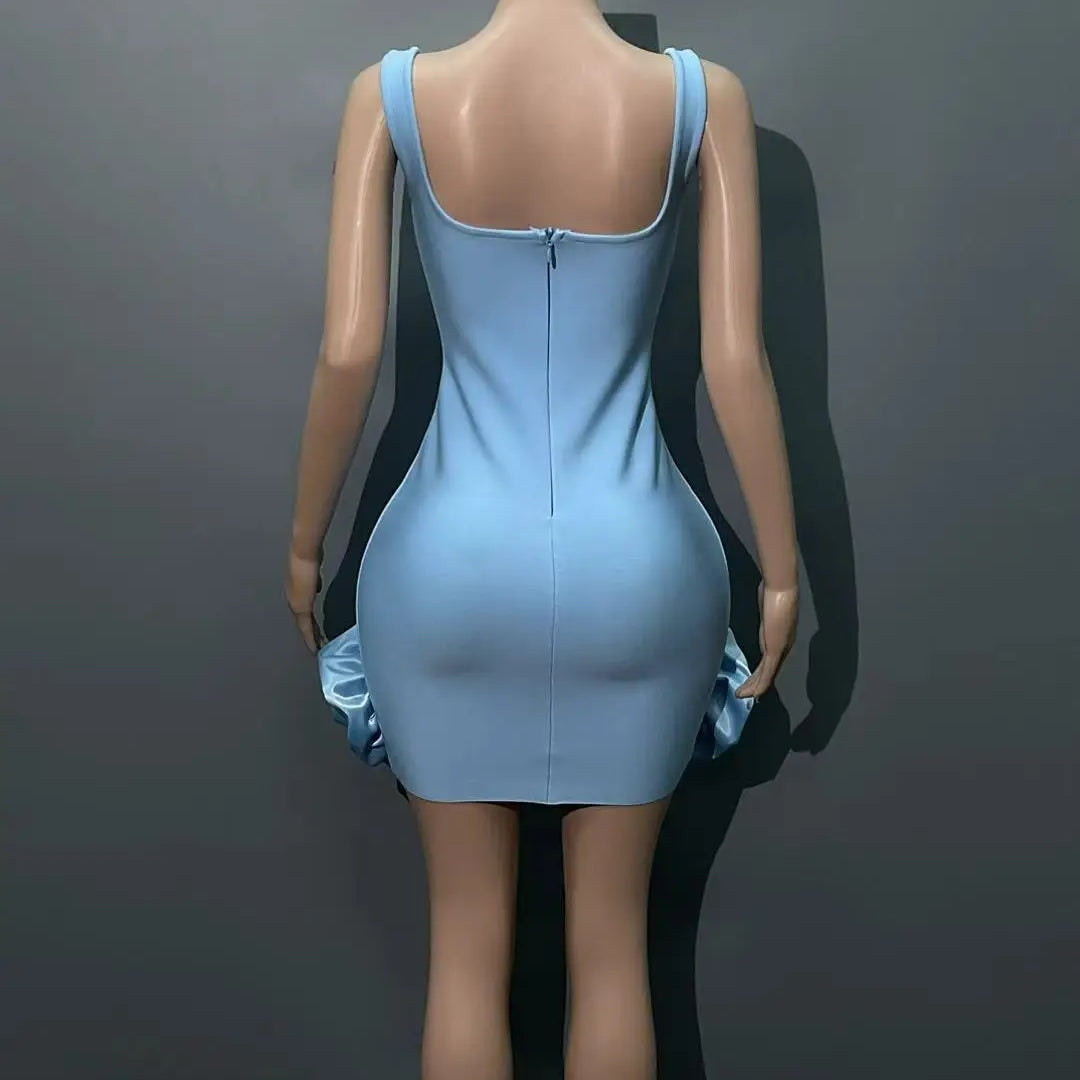 New STyle Skyblue Women Sleeveless Big O-Neck Bodycon Mini Bandage Dress Ruffles Cute Birthday Party Celebrate Dress