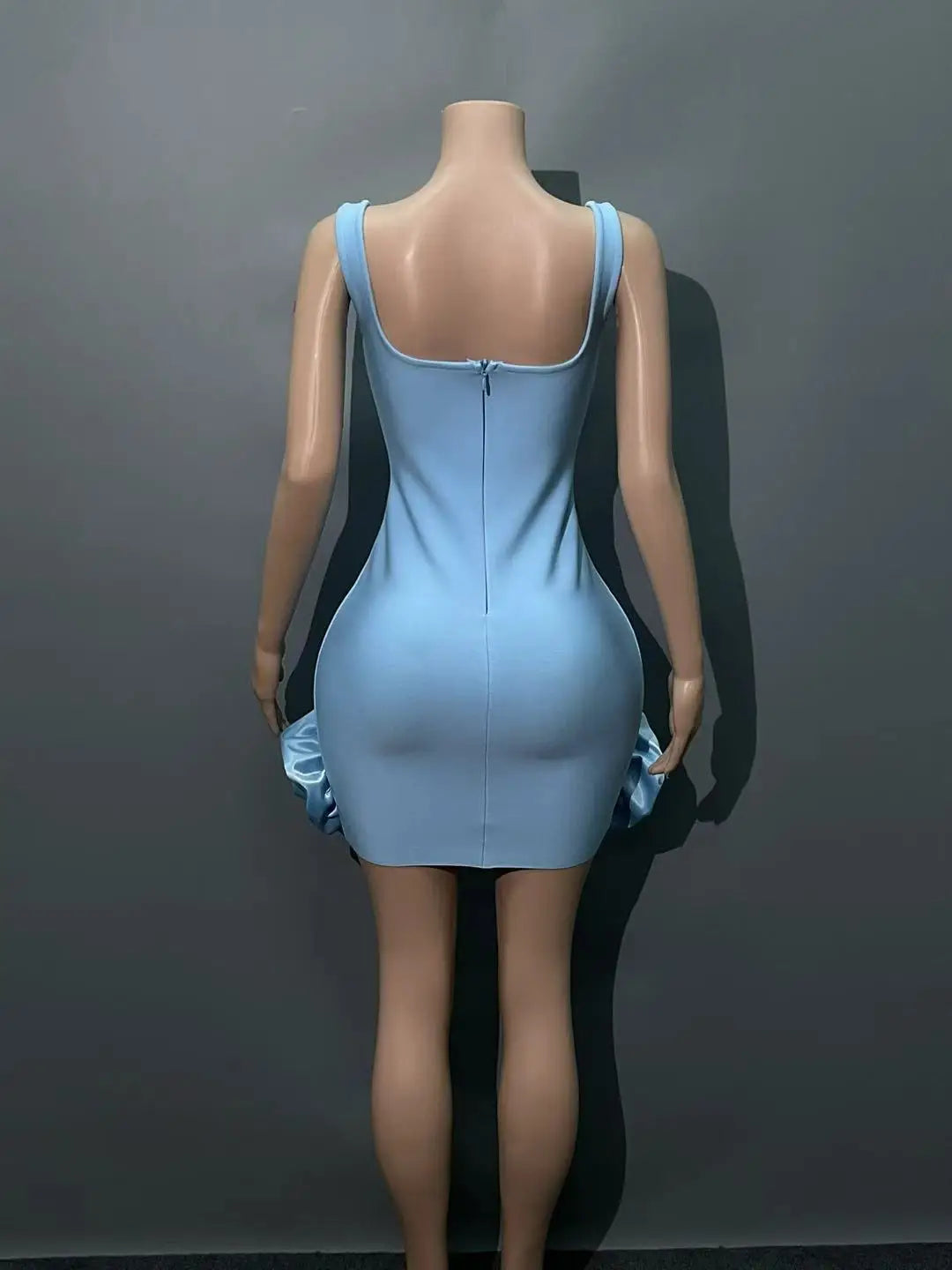 New STyle Skyblue Women Sleeveless Big O-Neck Bodycon Mini Bandage Dress Ruffles Cute Birthday Party Celebrate Dress