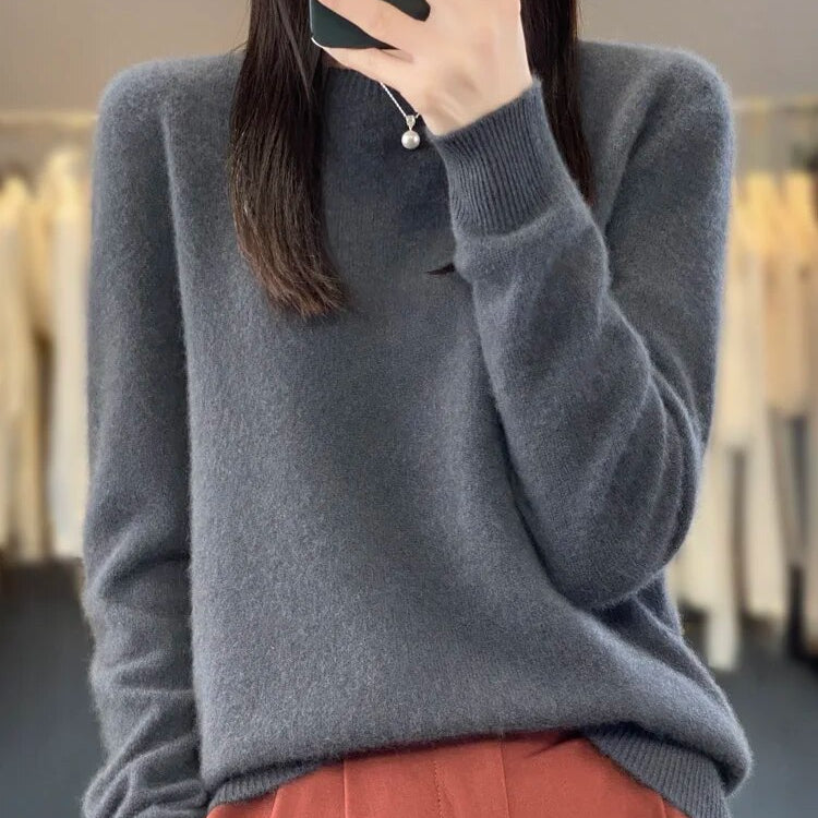 Women 100% Pure Merino Wool Knitted Sweater Autumn Winter Fashion O-Neck Top Cashmere Warm Pullover Seamless Jumper Clothes Dark Grey
