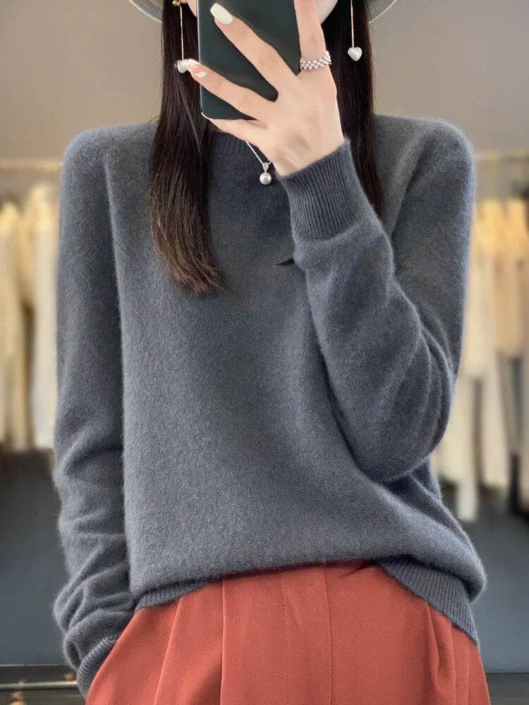 Women 100% Pure Merino Wool Knitted Sweater Autumn Winter Fashion O-Neck Top Cashmere Warm Pullover Seamless Jumper Clothes Dark Grey
