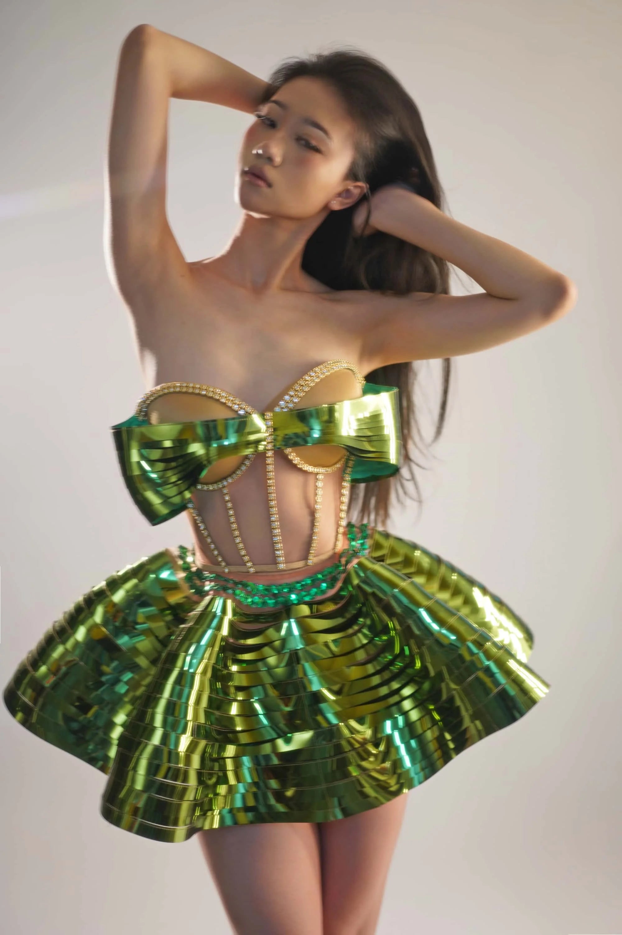 Special Design 2Piece Backless Bandage Mini Dress Set Dance Stage Outfit Sexy Party Performance Sequins Crystals Costume Feidie