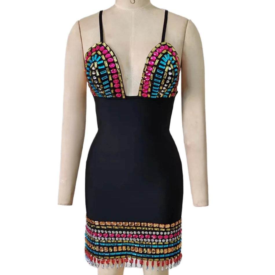 STOCK Colorful Diamonds Sexy V-Neck Spaghetti Strap Mini Bandage Dress Fashion Woman Evening Dress Holiday Vocation Vestido