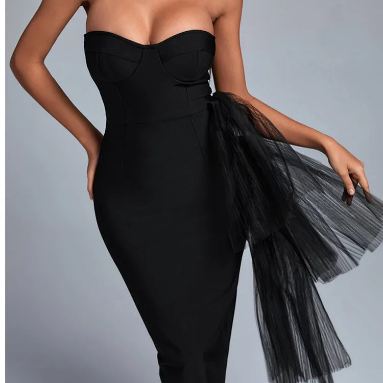 New Pink Color Women Strapless Sexy Ruffles Bodyocn Mid-calf Dress Rayon Bandage Celebrate Birthday Party Dress Wholesale