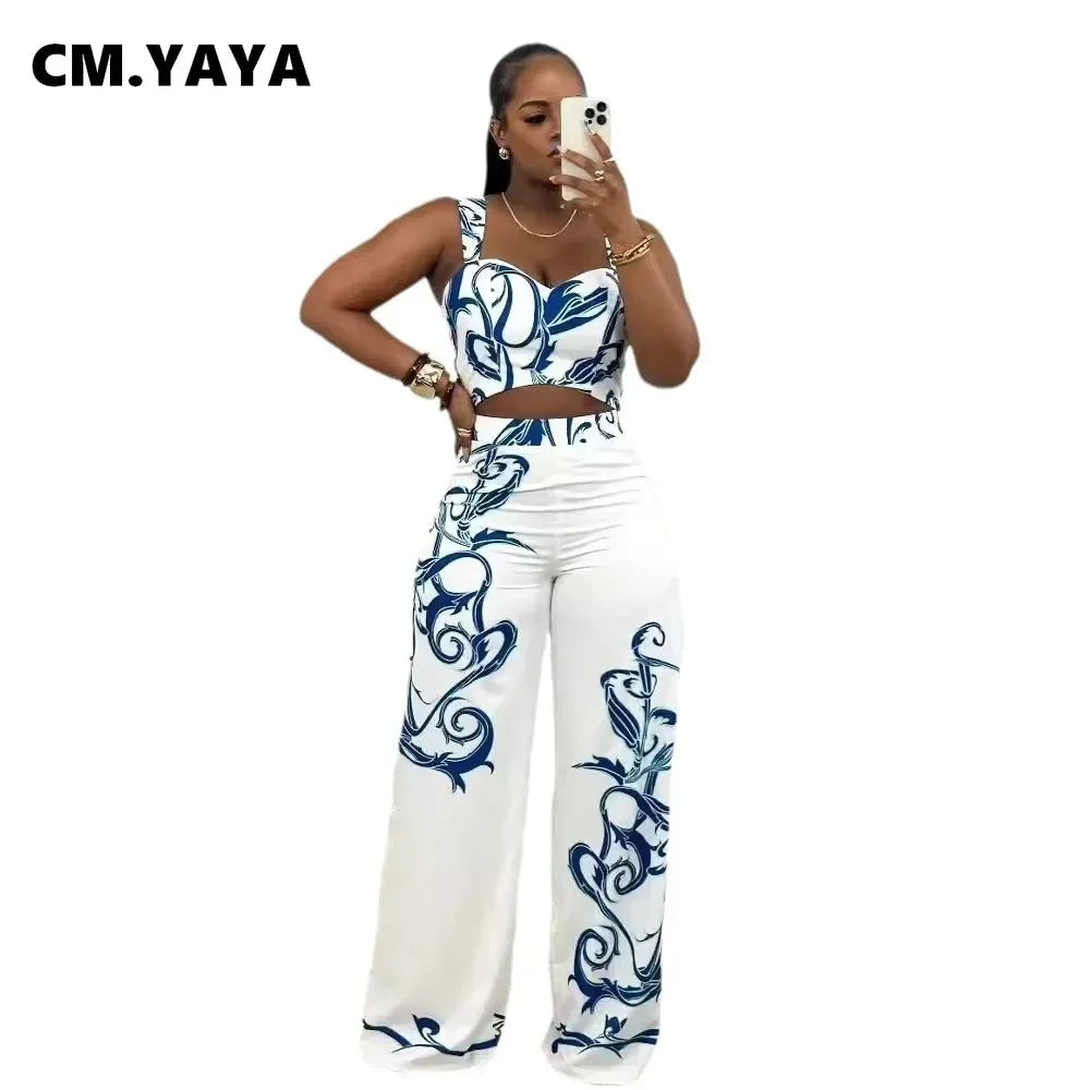 2024 Summer Women's Set Sleeveless Strapless Tops +Wide Leg Pants Print Party Street Two 2 Piece Sets Outfits Tracksuit