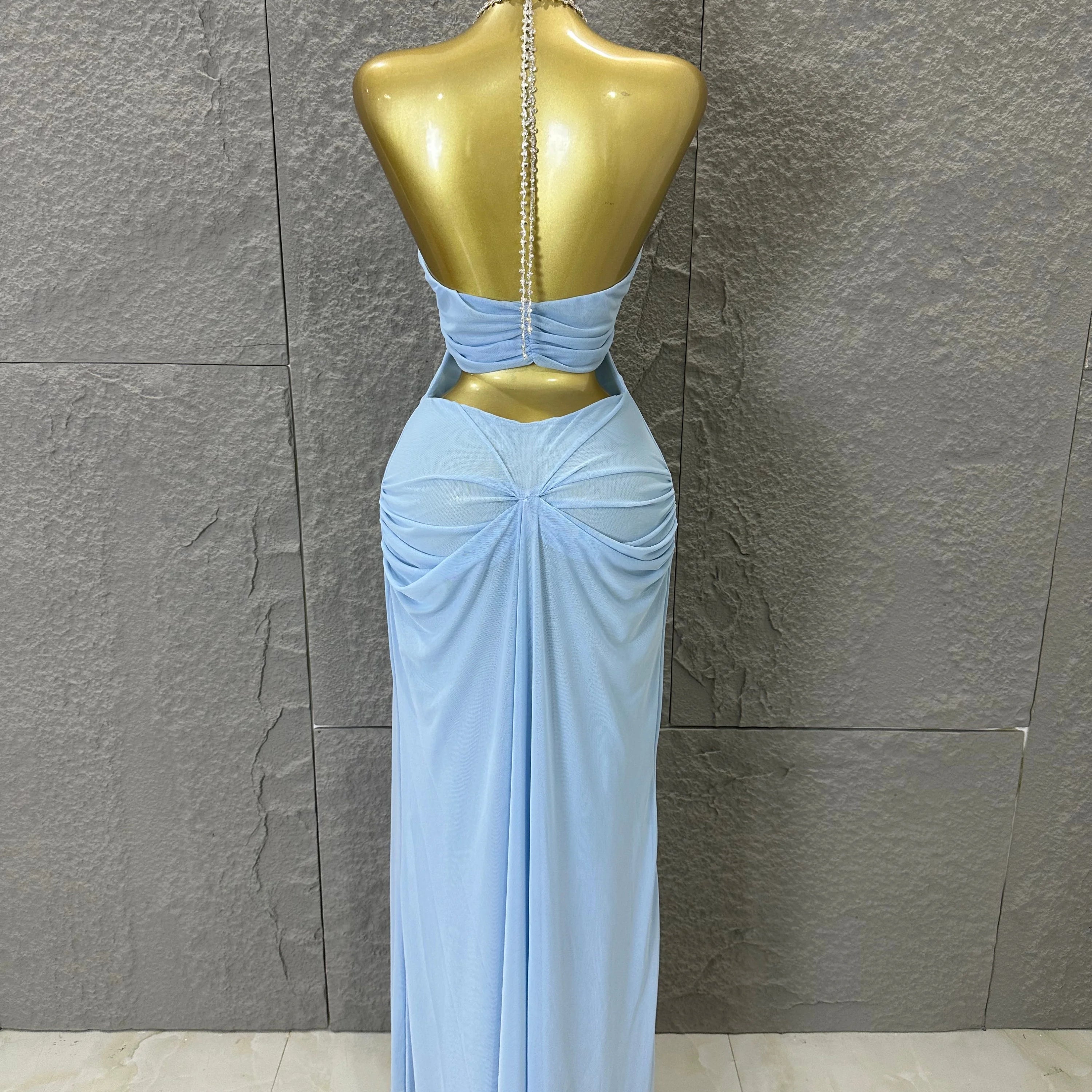 Sexy Halter Neck Maxi Dress Crystal Chain Cutout Ruched Women Sheer Mesh Form Outfit Glamorous Evening Gala Party Costume