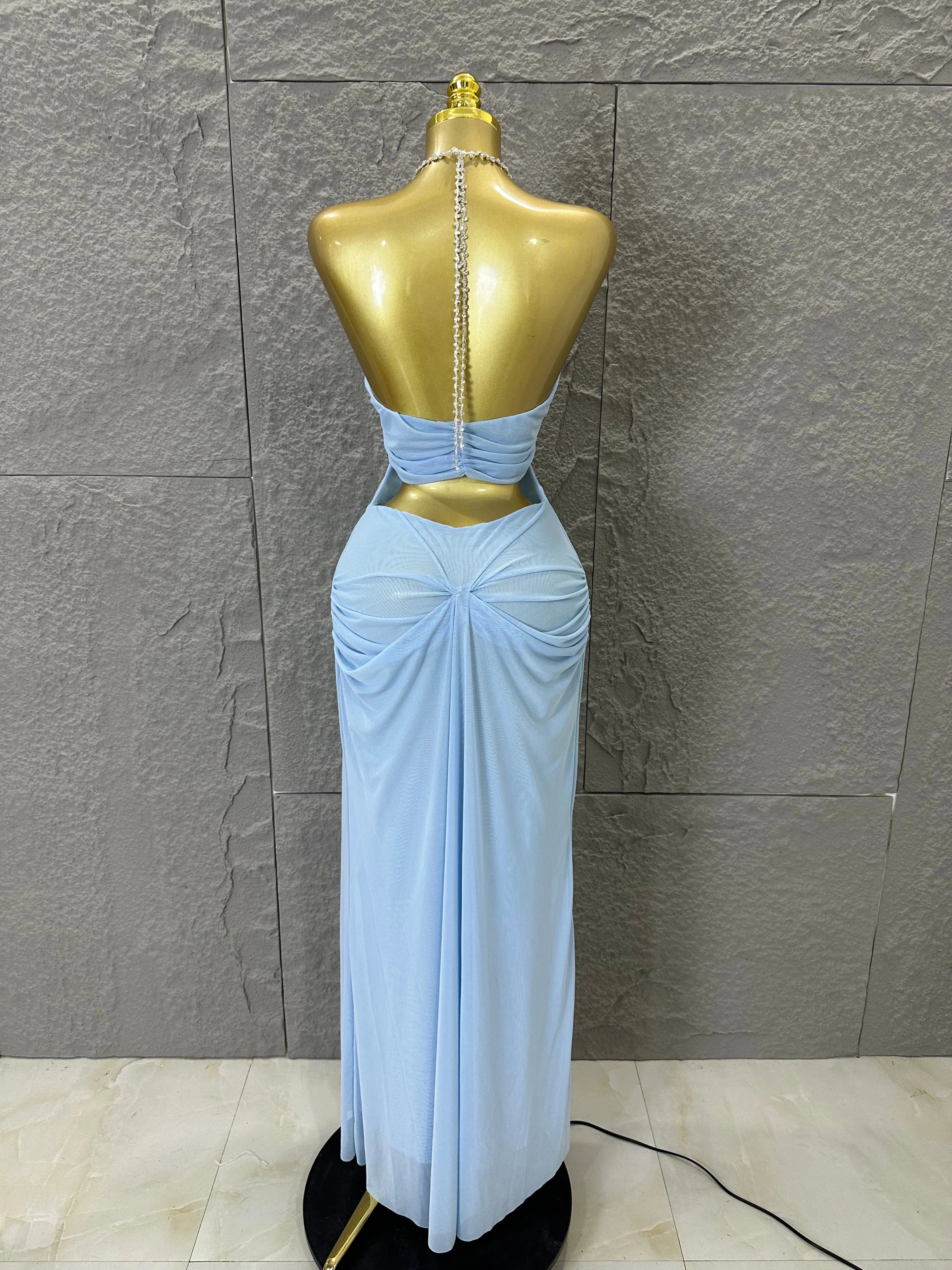 Sexy Halter Neck Maxi Dress Crystal Chain Cutout Ruched Women Sheer Mesh Form Outfit Glamorous Evening Gala Party Costume