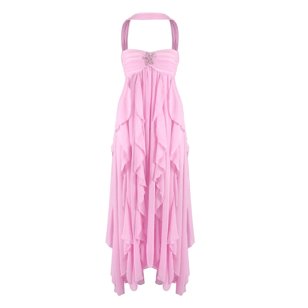 Soft Fashion Ruffle Halter Sleeveless Backless High Slit Dress for Wedding Summer Beach Gown Pink