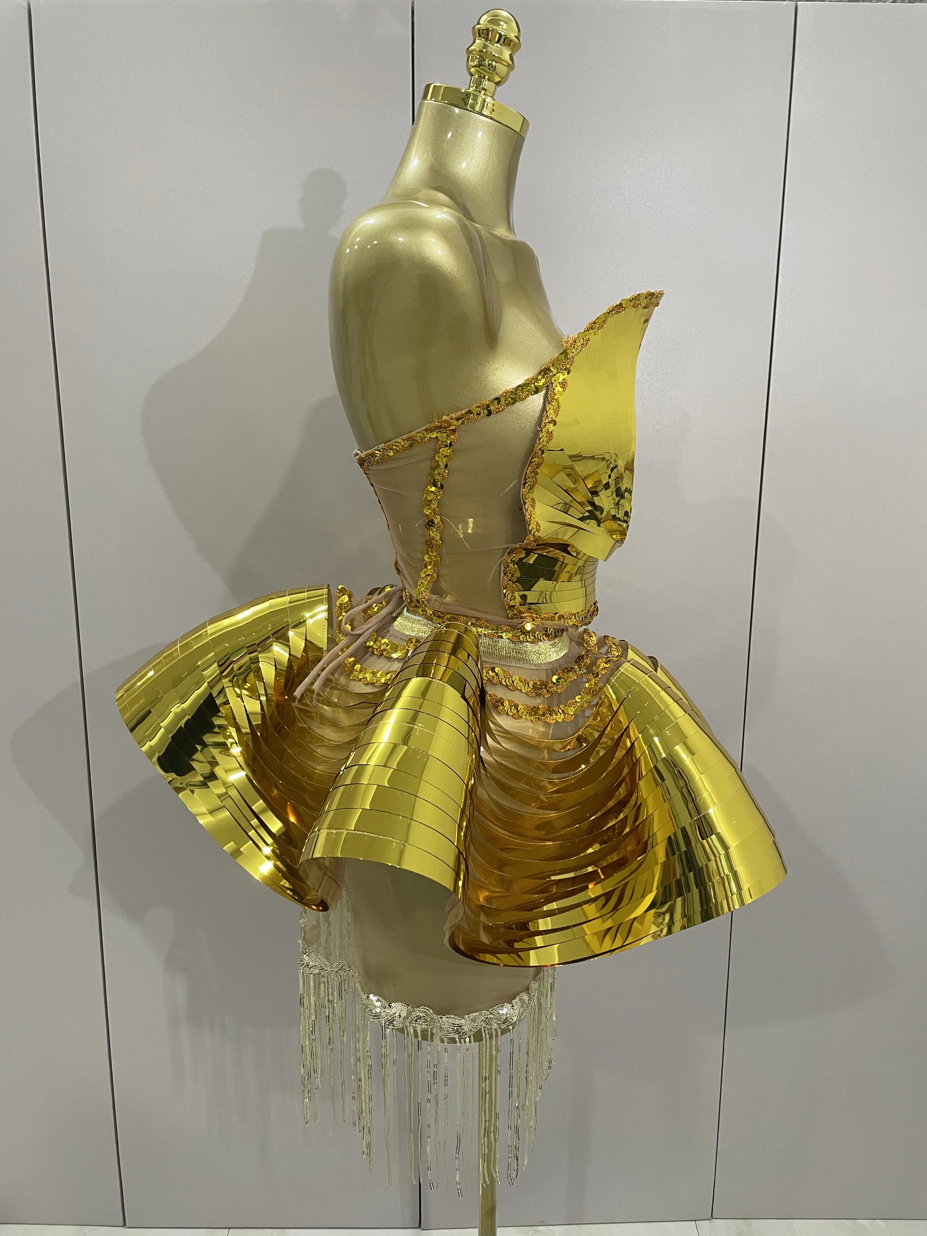 STOCK Shiny Gold Mirrors Sexy 2 Pieces Mini Dress 2025 Women Celebrate Birthday Party Performance Stage Costume Festival Wear