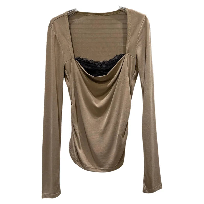 Winter New Niche Design Square Neck Lace Edge Design Long Sleeve Base T-Shirt For Women Slim Fit Top Female 11A07699