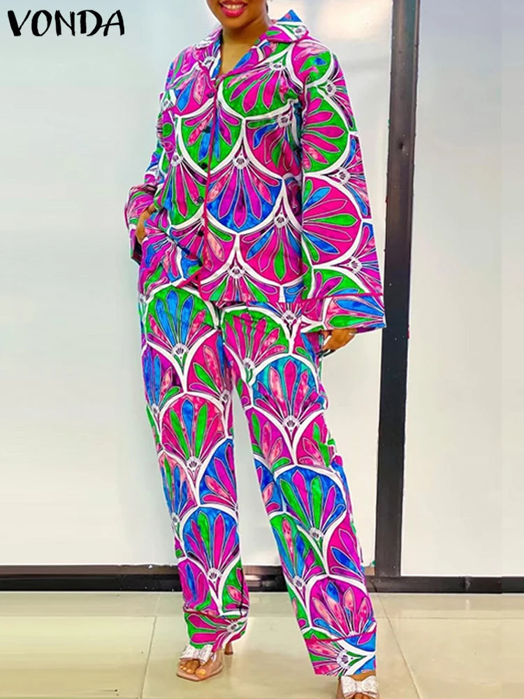 Plus Size 5XL VONDA Women Vintage Printing Long Sleeve Tops Wide Leg Pant Sets Outfits 2025 Casual Loose Bohemian 2 Piece Suits Dark Pink