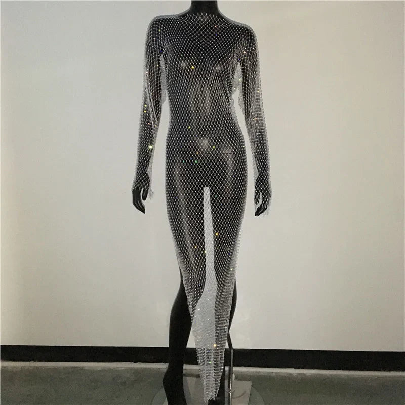 Y2K Sexy Shiny Rhinestones Grid Fishnet Dress Long Sleeve Hollow Out Side Slit Dress Beach Cover Up Breathable Lady Vestidos White Split One Size