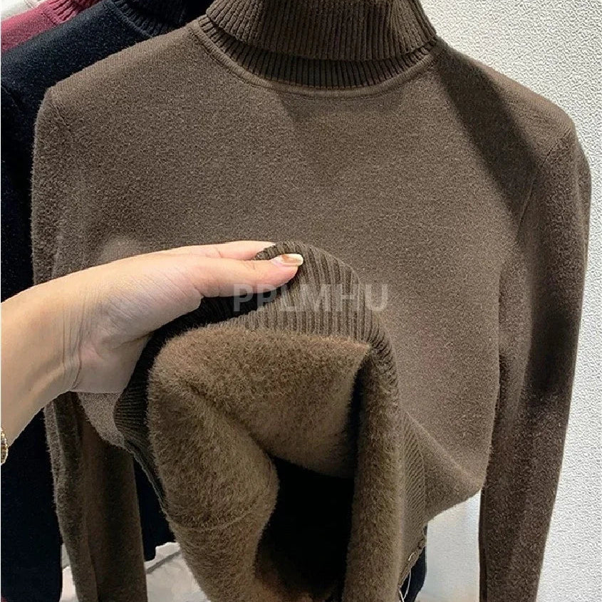 Warm Knit Pullover New Thicken Turtleneck Sweater For Winter Women Casual Slim Plush Lined Soft Long Sleeve Knitwear Jumper Tops basic coffee