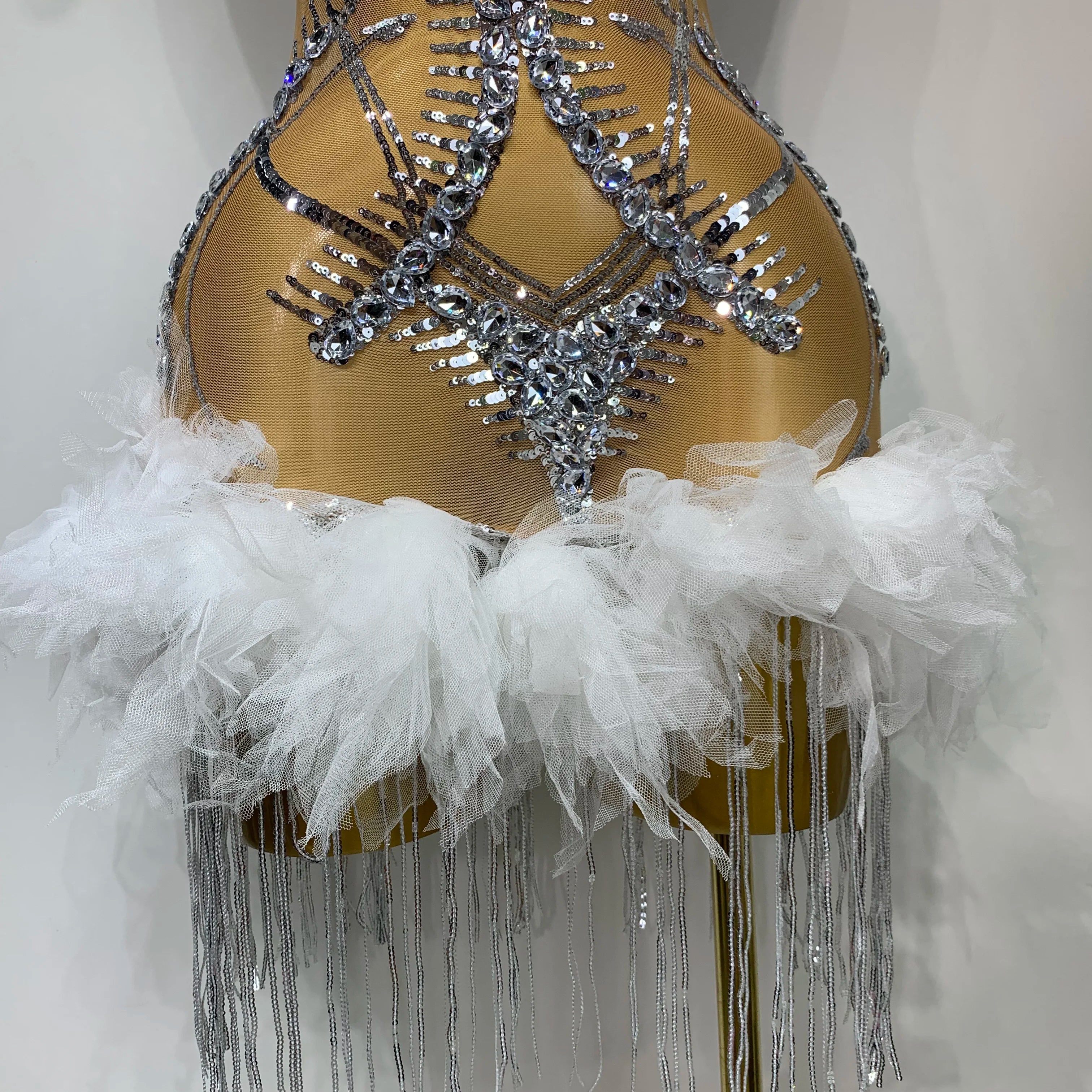 Luxury Party Cocktail Short Dress Women Mesh Sexy See Through Rhinestones Tassel Dress Nightclub Perform Singer Stage Costume