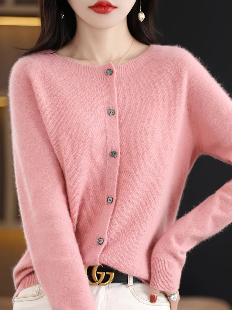 Aliselect Autumn Winter Women 100% Merino Wool Sweater O-Neck Tops Long Sleeve Basic Cashmere Knitwear Cardigan Clothing Coat Pink