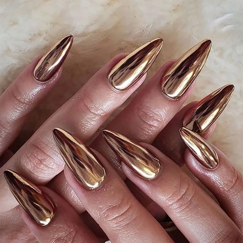 24pc/set Medium almond fake nails metallic mirror red black purple blue golden tips faux ongles y2k press on acylic false nail 1038