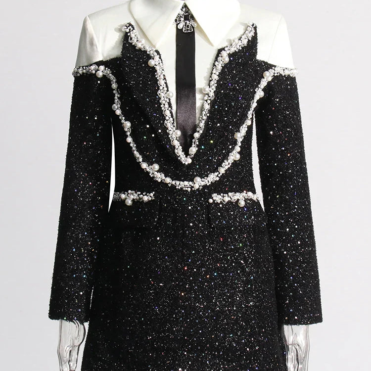 Colorblock Patchwork Sequins Dress For Women Lapel Long Sleeve High Waist Spliced Pearls Elegant Dresses Female New Black