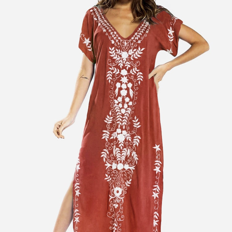 Robe De Plage Embroidery Beach Cover Up Sarong Women Beach Pareo Tunic For Beach Swimwear Rust red One Size