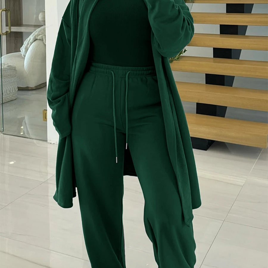LW Plus Size Two pieces sets High Waist Drawstring Pants Set Autumn long sleeve solid long coat Top + loose trousers casual suit green