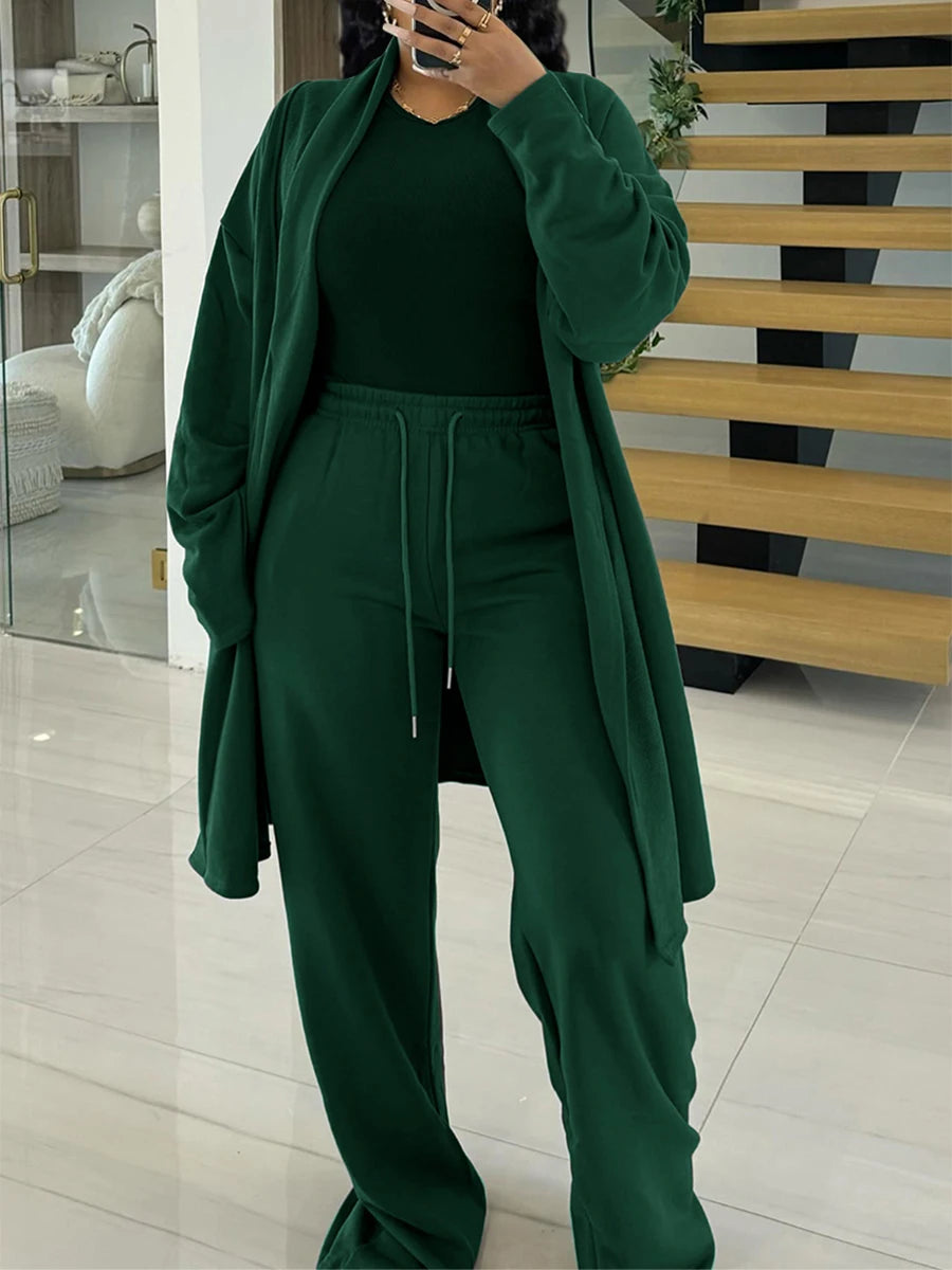 LW Plus Size Two pieces sets High Waist Drawstring Pants Set Autumn long sleeve solid long coat Top + loose trousers casual suit green