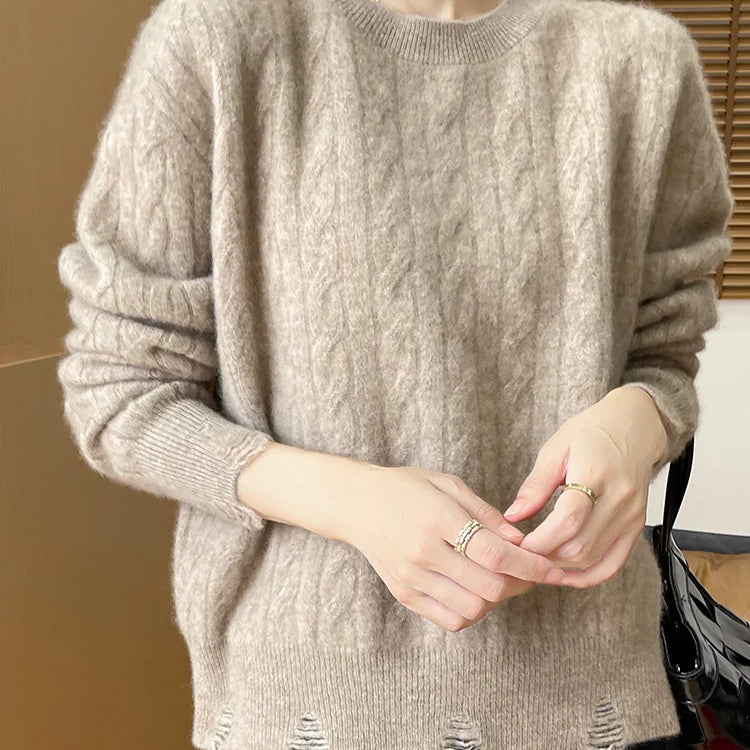 Women Cable Knit Sweater 100% Merino Wool Knitwear O-neck Preppy Style Long Sleeve Pullover Autumn Winter Cashmere Sweater Tops Dark Camel