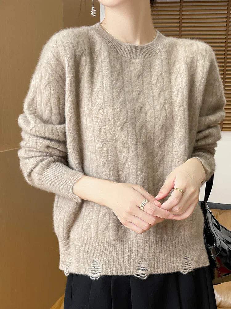 Women Cable Knit Sweater 100% Merino Wool Knitwear O-neck Preppy Style Long Sleeve Pullover Autumn Winter Cashmere Sweater Tops Dark Camel