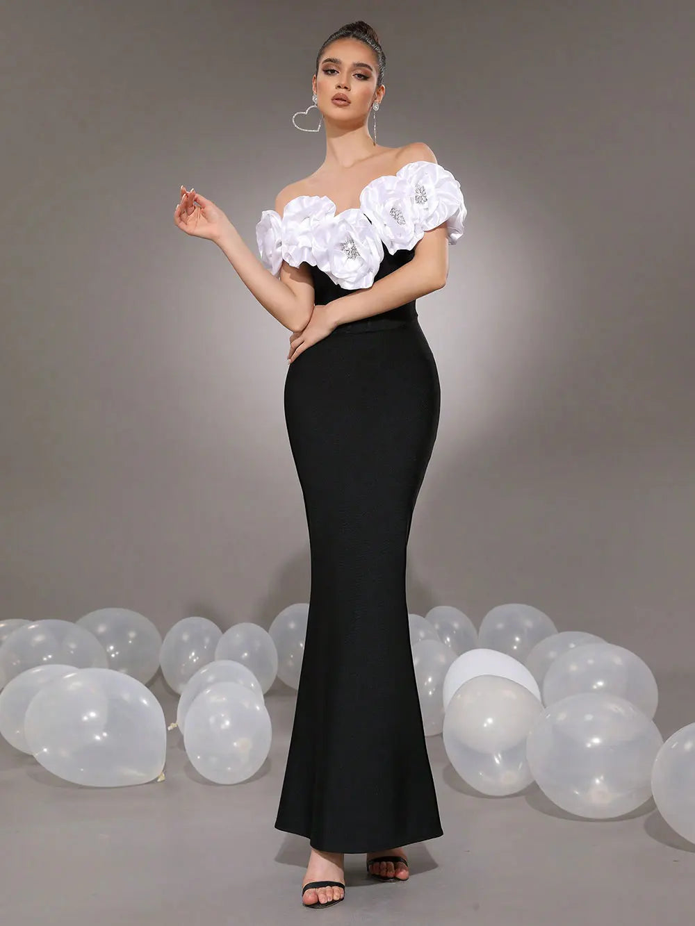 2025 Elegant Women's Light Luxury Flower Design Bandage Dresses One Collar Shoulder Bodycon Bareback Long Dress Party Vestidos