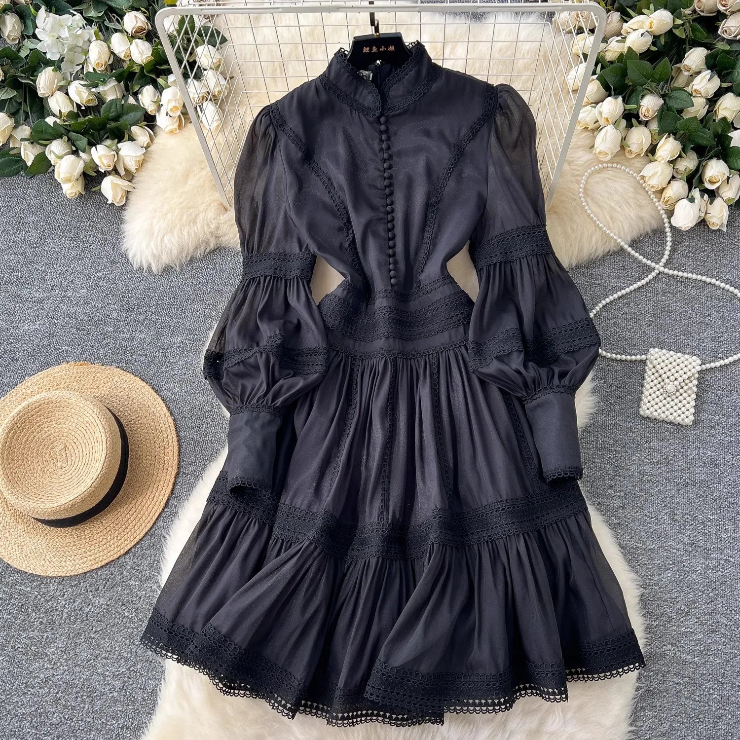 Autumn Elegant Hollow Out Embroidery Lace Splice Mini Dress Women's Stand Lantern Sleeve Buttons Evening Party Robe Vestidos black