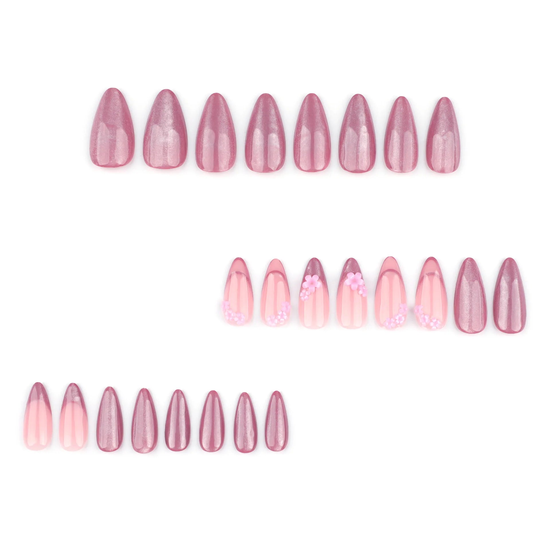 24pcs Nude Pink Cat Eye Press on Nails Shiny French Almond False Nail Tips Wearable Reusable Sweet Flower Decor Fake Nails