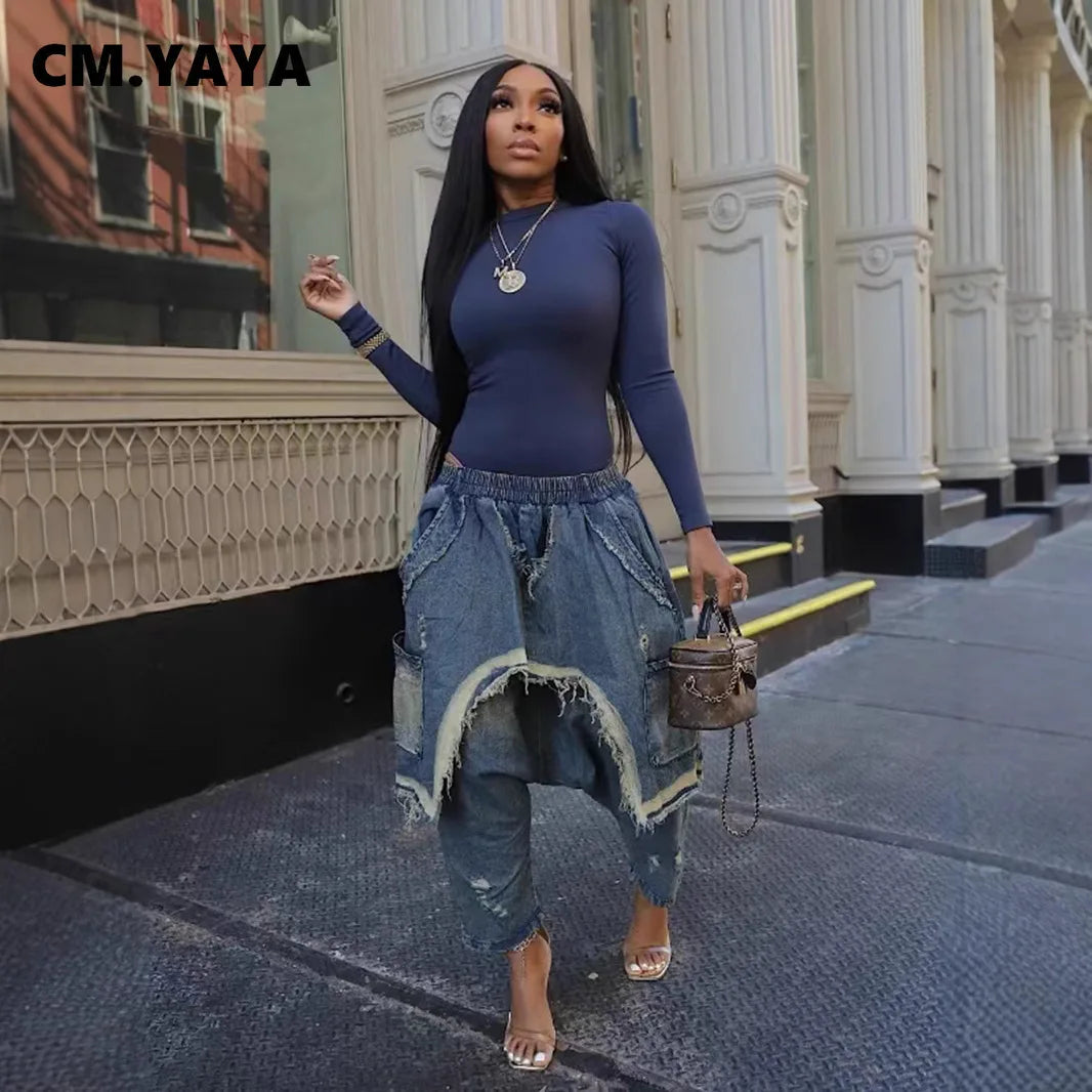 Women Streetwear Ripped Out Hole Denim Pants 2025 Fall Autumn Loose Safari Style Cargo Harem Hip Hop Jeans