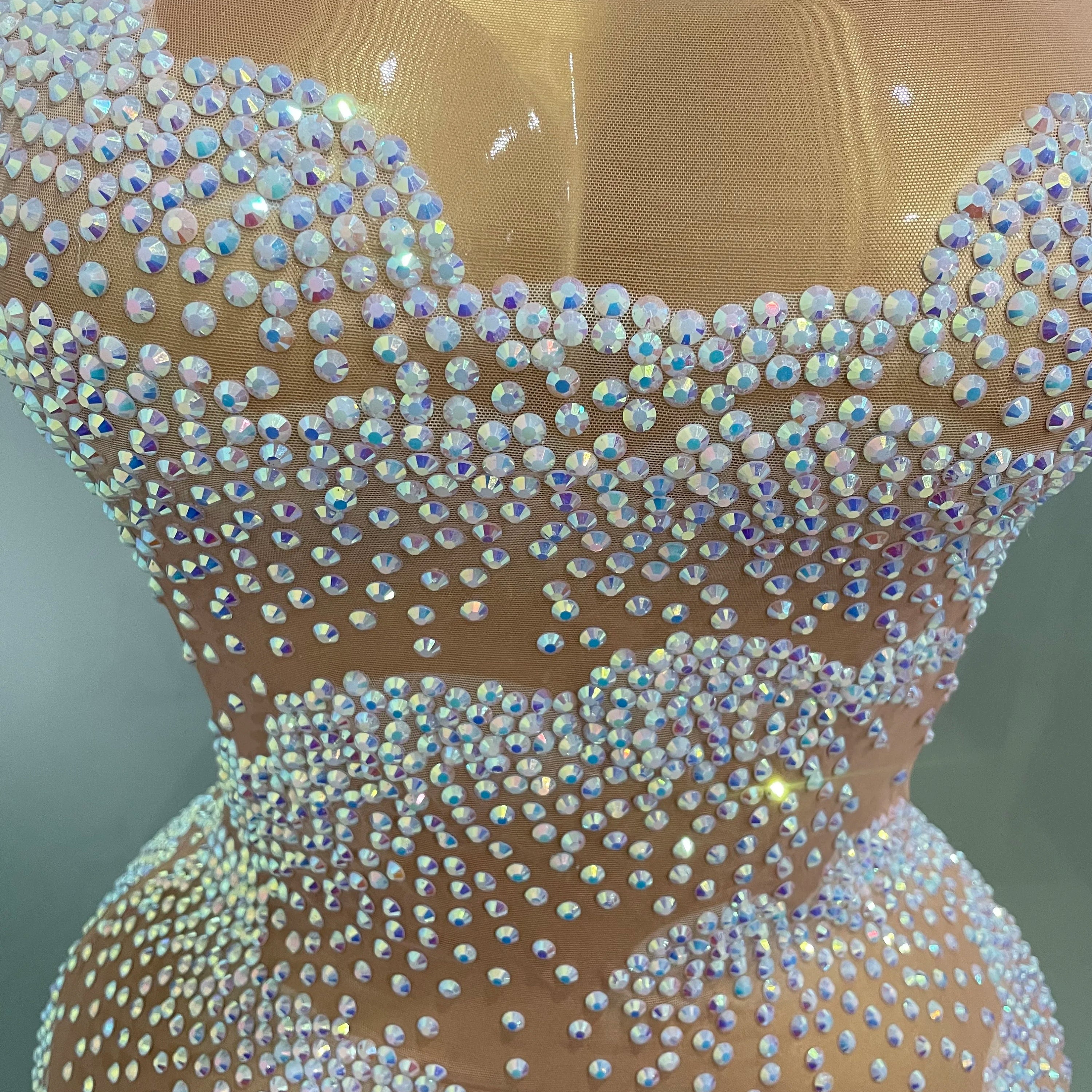 Sexy Sparkle Rhinestone Transparent Stretch Mini Dress 2025 New Women Evening Birthday Party Club Stage Performance Costume