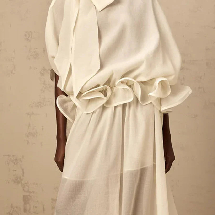 Solid Loose Spliced Bow Tunic Dresses for Women Half High Neck Short Sleeves Patchwork Ruffles Dress Female Clothes