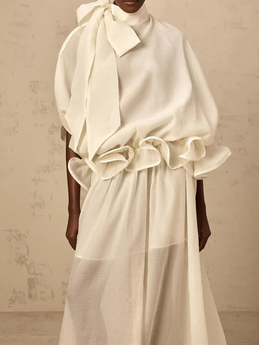 Solid Loose Spliced Bow Tunic Dresses for Women Half High Neck Short Sleeves Patchwork Ruffles Dress Female Clothes