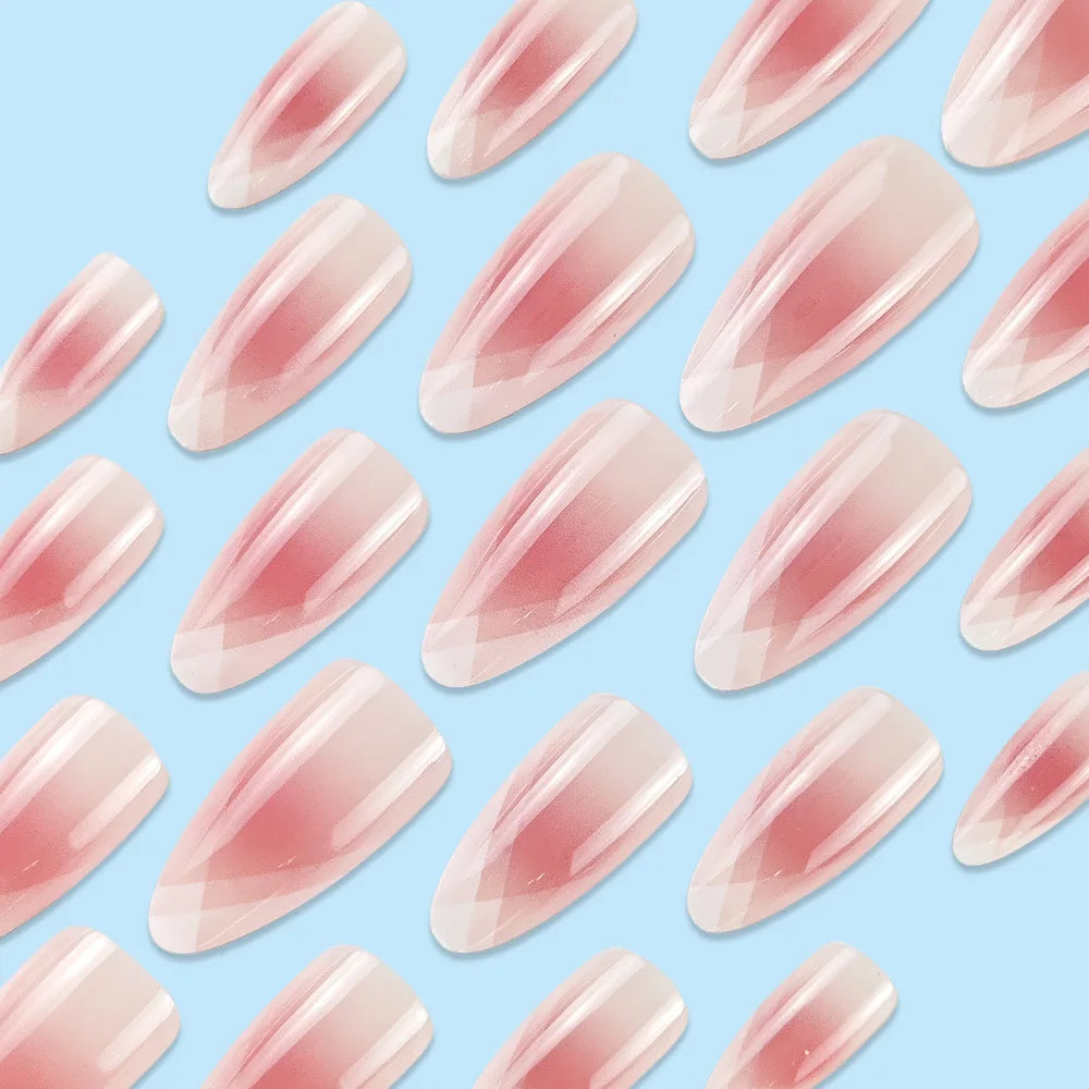 24pcs French Almond Fake Nail Sweet Pink White Gradient False Nail Tips for Lady Women Wearable Ins Simple Korean Press on Nails