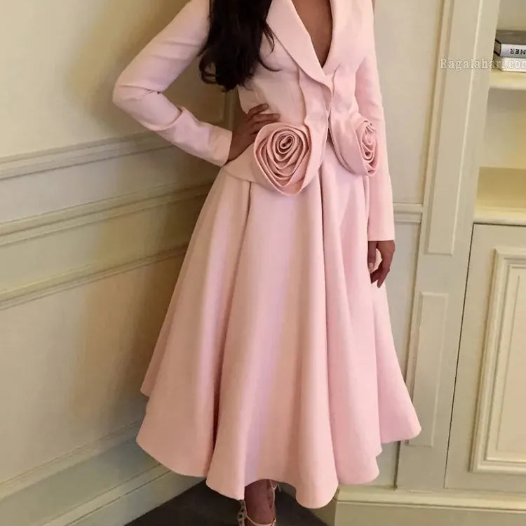 Elegant Two Piece Set For Women Shawl Collar Long Sleeve Spliced Appliques Top High Waist A Line Skirt Slim Sets