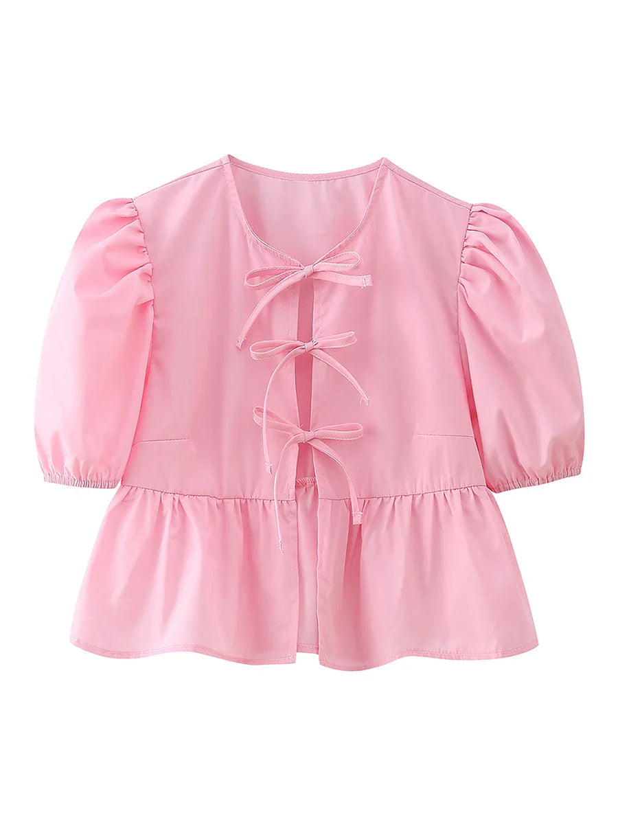 wsevypo Chic Summer Babydoll Shirts Solid/Stripe Short Women's Puff Sleeve Round Neck Tie-Up Front Peplum Blouses Top for Street D