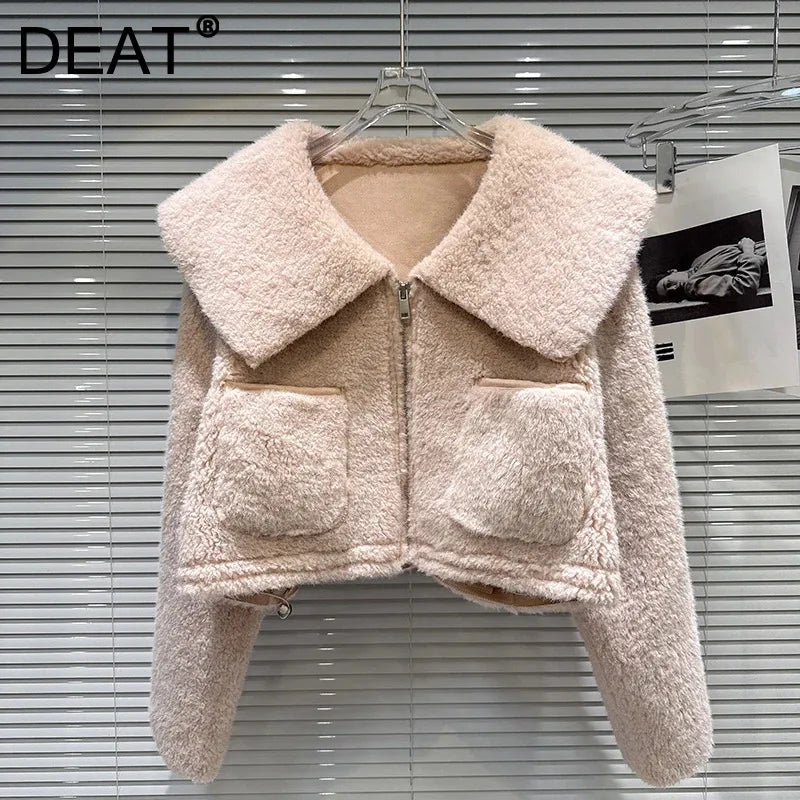 Winter New Sweet Temperament Fur Sailor Collar Fleece Short Coat For Women Versatile Zipper Warm Jacket 11A07855