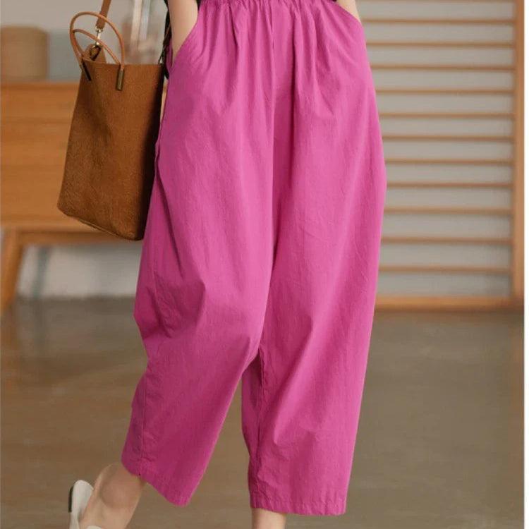 Women Summer Pants New High Waist Wide Leg Retro Cropped Trousers Casual Loose Baggy Cotton Linen Pants for Women Bottoms Rose Red
