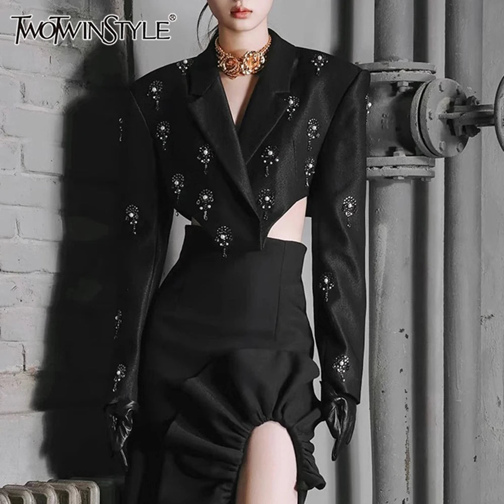 Solid Slimming Elegant Jackets for Women Lapel Long Sleeves Patchwork Bead Short Jacket Female Fashion Clothing New