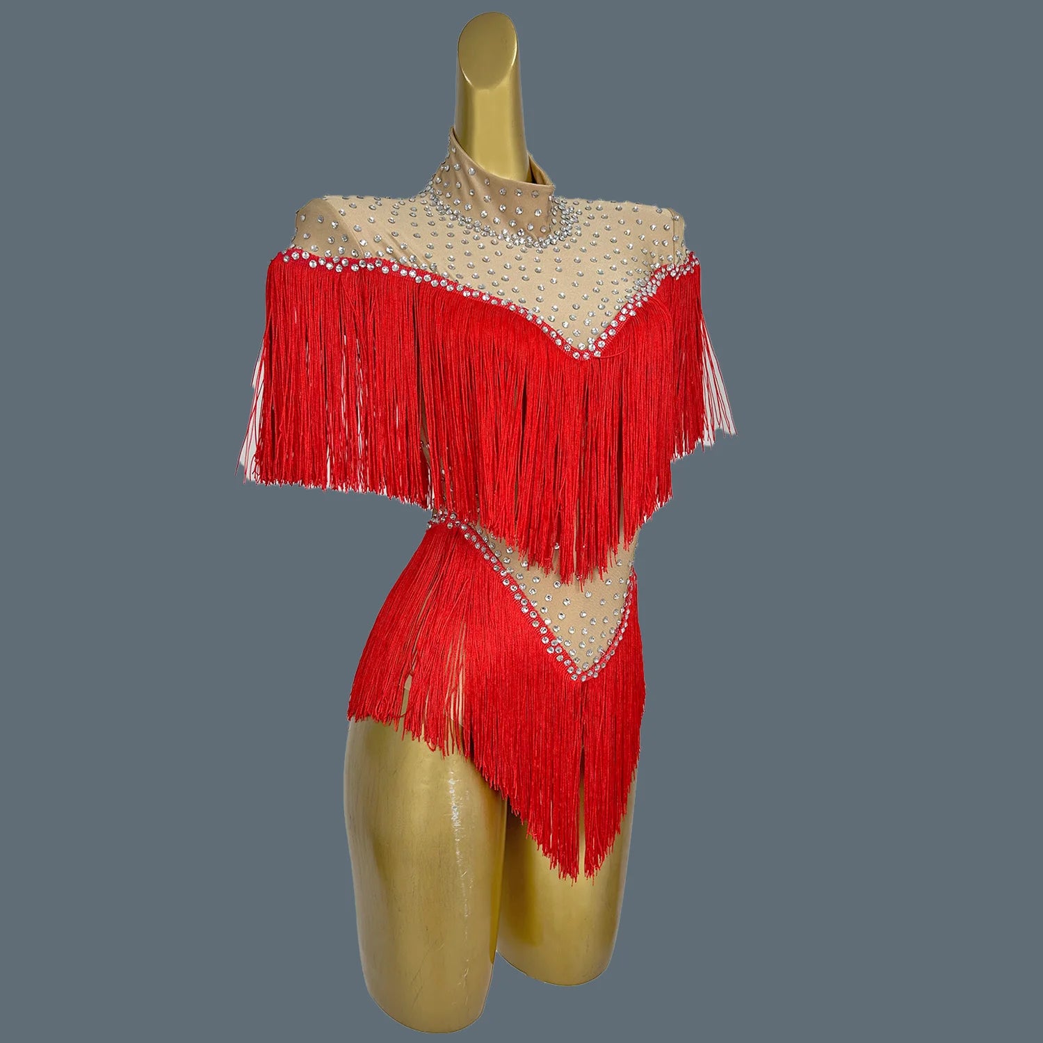 Nightclub Show Stage Performance Costume Rhinestone Red Tassel Bodysuit Women's Sexy Dance Leotard Dance Troupe Outfit Caizhuang