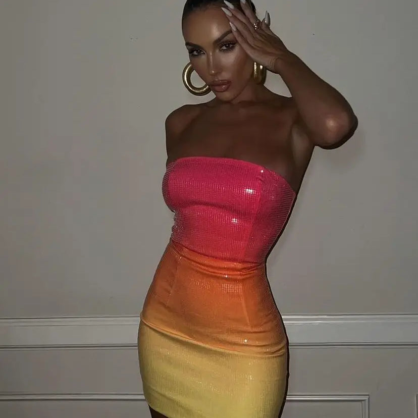New Women's Dress Sexy Gradually Discolorating Bra Strapless Sequins Tight Fit Mini Dress Elegant Celebrity Party Dress Pink