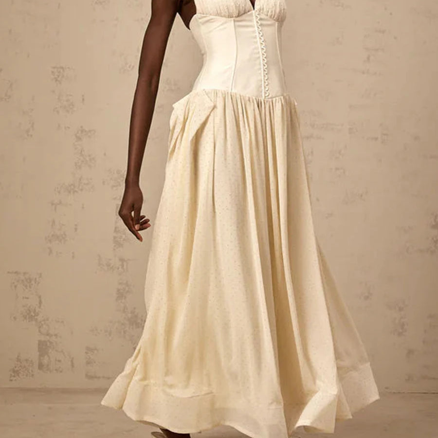 Solid Slimming Temperament Dresses for Women Halter Neck Sleeveless Patchwork Folds Tunic Elegant Dress Female New