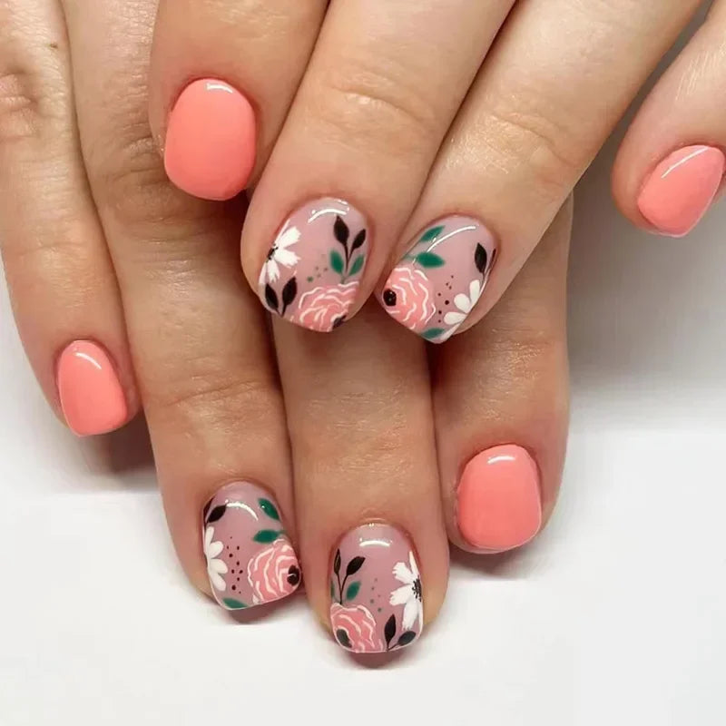 24Pcs Short Retro Flower Design Nails Art Manicure Pink False Nails Wearable Square Fake Nails Press on Full Cover Nail Tips 856