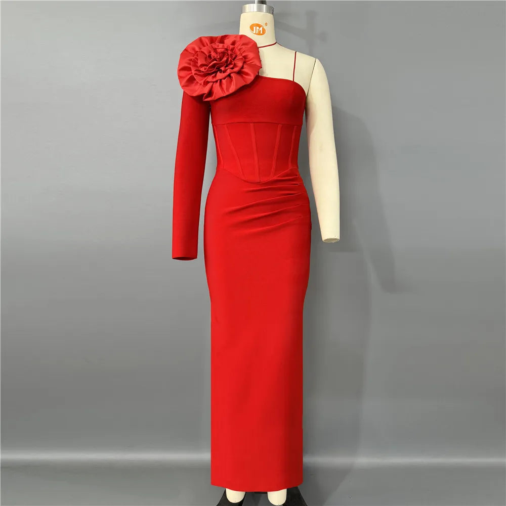Black Red Women Sexy One Shoulder Big Florals Bodycon Long Bandage Dress Fashion Celebrate Nightclub Party Cocktail Dress Red