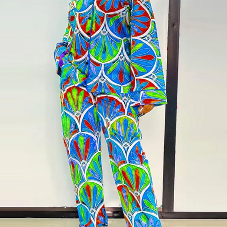 Plus Size 5XL VONDA Women Vintage Printing Long Sleeve Tops Wide Leg Pant Sets Outfits 2025 Casual Loose Bohemian 2 Piece Suits Blue