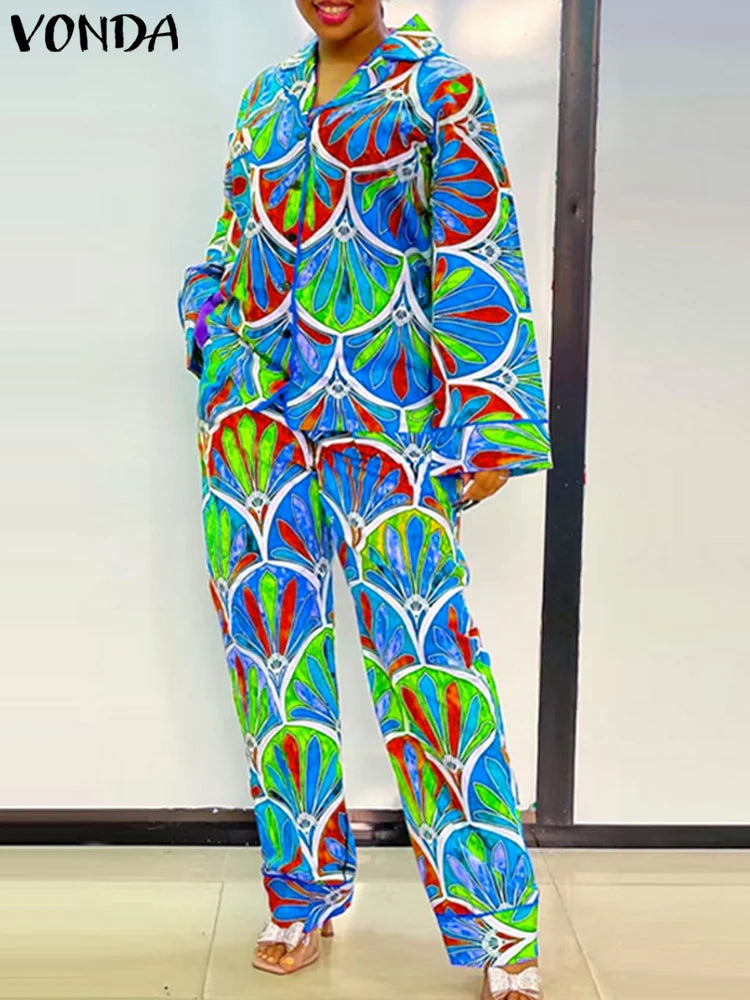 Plus Size 5XL VONDA Women Vintage Printing Long Sleeve Tops Wide Leg Pant Sets Outfits 2025 Casual Loose Bohemian 2 Piece Suits Blue